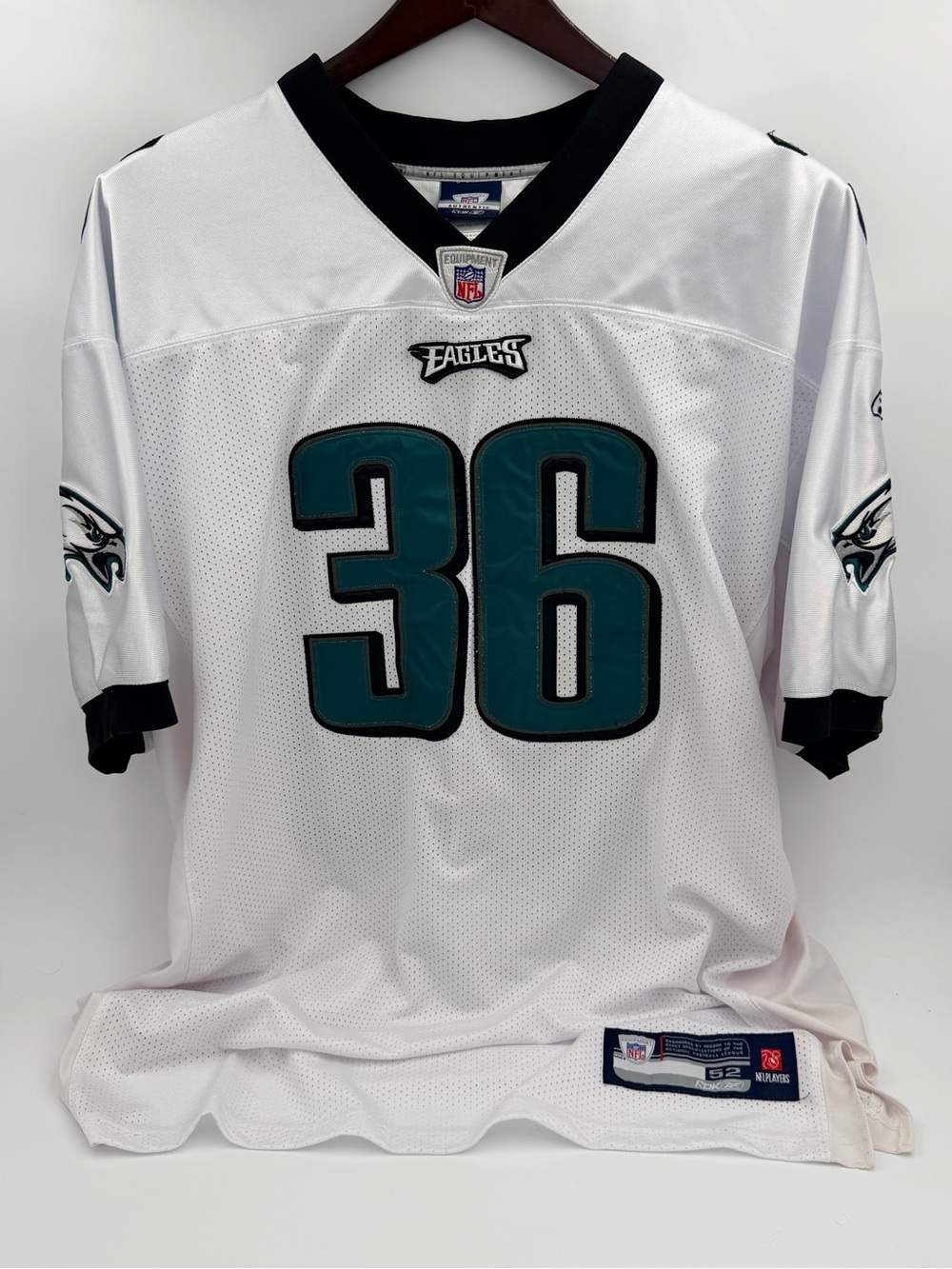 Reebok Eagles #36 White and Teal Football Jersey